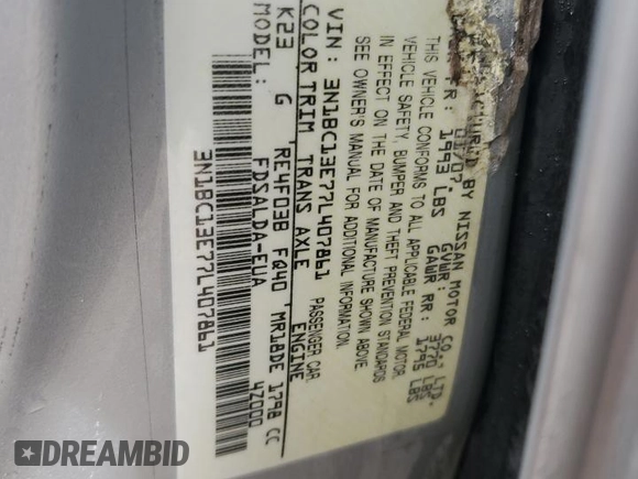 2007 Nissan Versa 1.8 S with VIN 3N1BC13E77L407861, listed as a Copart auction lot 49448835 with 211,684 mi miles and Salvage Title. Bid and sale history available at carsss.com. Image 12.