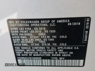 2019 Volkswagen Atlas SE z VIN 1V2WR2CA7KC598569, wystawiony jako Copart lot #52291815 z przebiegiem 92 778 mil mil oraz Szkoda całkowita • Salvage title. Historia ofert i sprzedaży dostępna na DreamBid. Obrazek 15.
