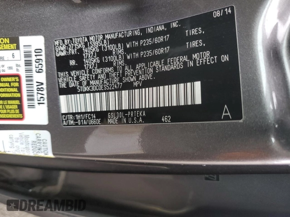 2014 Toyota Sienna LE AAS with VIN 5TDKK3DC0ES522477, listed as a Copart auction lot 49006355 with 136,980 mi miles and Salvage Title. Bid and sale history available at carsss.com. Image 15.
