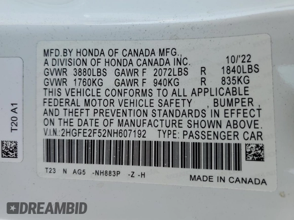 2022 Honda Civic Sedan Sport with VIN 2HGFE2F52NH607192, listed as a Copart auction lot 50379335 with 27,888 mi miles and Salvage Title. Bid and sale history available at carsss.com. Image 12.
