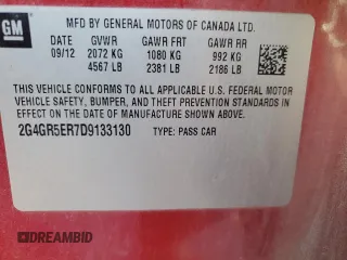2013 Buick Regal with VIN 2G4GR5ER7D9133130, listed as a Copart auction lot 82156224 with 106,212 mi miles and Salvage Title. Bid and sale history available at carsss.com. Image 12.