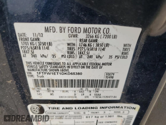 2013 Ford F-150 XL with VIN 1FTFW1ET1DKD65380, listed as a Copart auction lot 44794575 with 212,021 mi miles and Clean Title. Bid and sale history available at carsss.com. Image 12.