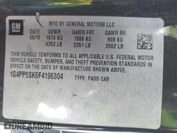 2015 Buick Verano with VIN 1G4PP5SK6F4196304, listed as a IAAI auction lot 39960964 with 115,015 mi miles and . Bid and sale history available at DreamBid. Image 9.