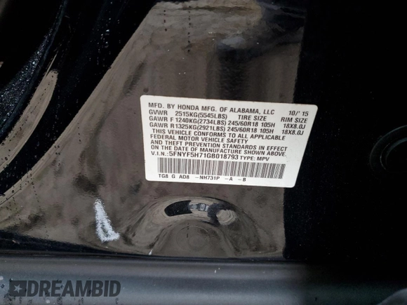 2016 Honda Pilot EX-L with VIN 5FNYF5H71GB018793, listed as a Copart auction lot 86281164 with 90,958 mi miles and Salvage Title. Bid and sale history available at DreamBid. Image 13.