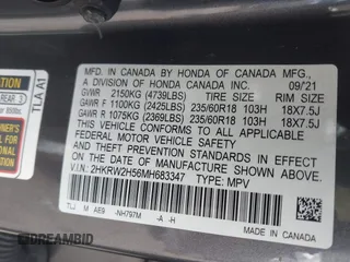 2021 Honda CR-V EX with VIN 2HKRW2H56MH683347, listed as a IAAI auction lot 41952783 with 35,182 mi miles. Bid and sale history available at carsss.com. Image 9.