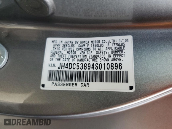 2004 Acura RSX z VIN JH4DC53894S010896, wystawiony jako Copart lot #43284195 z przebiegiem 140 630 mil mil oraz Szkody całkowita. Historia ofert i sprzedaży dostępna na DreamBid. Obrazek 12.