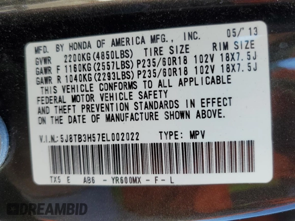 2014 Acura RDX Tech Pkg with VIN 5J8TB3H57EL002022, listed as a Copart auction lot 49453405 with 134,779 mi miles and Salvage Title. Bid and sale history available at carsss.com. Image 14.