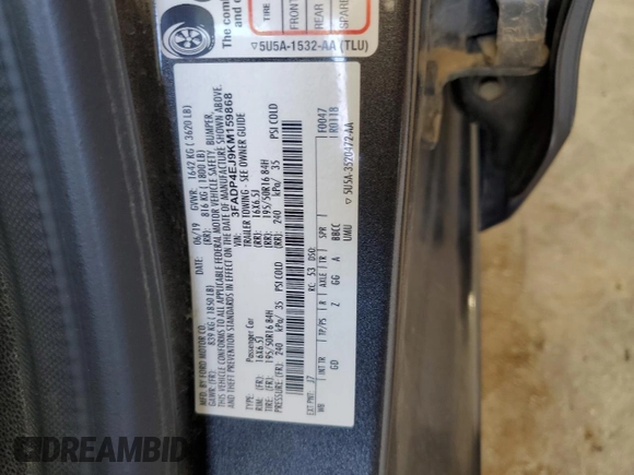 2019 Ford Fiesta SE z VIN 3FADP4EJ9KM159868, wystawiony jako Copart lot #58353995 z przebiegiem 87 940 mil mil oraz Szkoda całkowita • Salvage title. Historia ofert i sprzedaży dostępna na DreamBid. Obrazek 13.