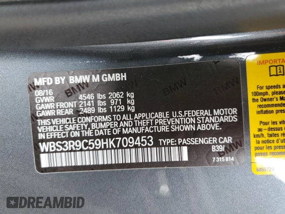 2017 BMW M4 with VIN WBS3R9C59HK709453, listed as a Copart auction lot 55698025 with 108,200 mi miles and Salvage title. Bid and sale history available at DreamBid. Image 12.