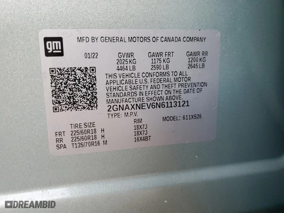 2022 Chevrolet Equinox Premier with VIN 2GNAXNEV6N6113121, listed as a Copart auction lot 87183584 with 17,105 mi miles and Salvage Title. Bid and sale history available at carsss.com. Image 12.