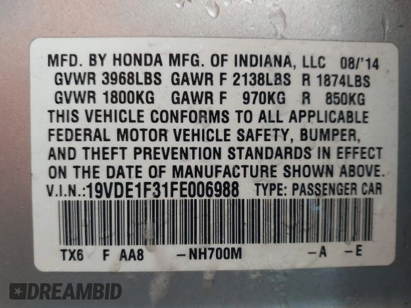 2015 Acura ILX with VIN 19VDE1F31FE006988, listed as a IAAI auction lot 41621229 with 50,222 mi miles. Bid and sale history available at carsss.com. Image 9.