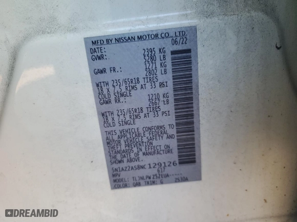 2022 Nissan Murano S with VIN 5N1AZ2AS8NC129126, listed as a Copart auction lot 86288094 with 60,496 mi miles and Salvage Title. Bid and sale history available at carsss.com. Image 12.