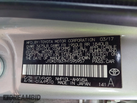 2017 Toyota Prius One z VIN JTDKDTB37H1595957, wystawiony jako IAAI lot #41380936 z przebiegiem 124 042 mil mil oraz . Historia ofert i sprzedaży dostępna na DreamBid. Obrazek 9.