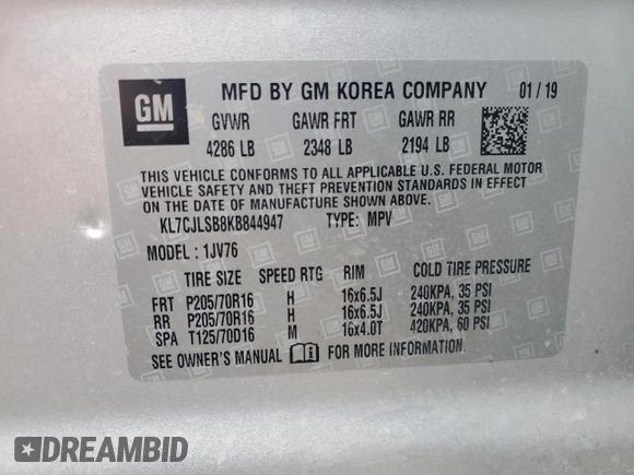2019 Chevrolet Trax LT z VIN KL7CJLSB8KB844947, wystawiony jako Copart lot #51800355 z przebiegiem 93 740 mil mil oraz Szkoda całkowita • Salvage title. Historia ofert i sprzedaży dostępna na DreamBid. Obrazek 13.