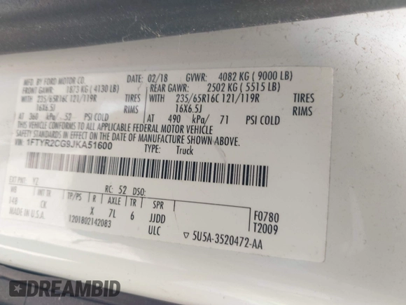 2018 Ford Transit Cargo с VIN 1FTYR2CG9JKA51600, выставлен на аукционе IAAI как лот 42026514 с пробегом 57 484 миль миль и . История ставок и продаж доступна на DreamBid. Изображение 9.