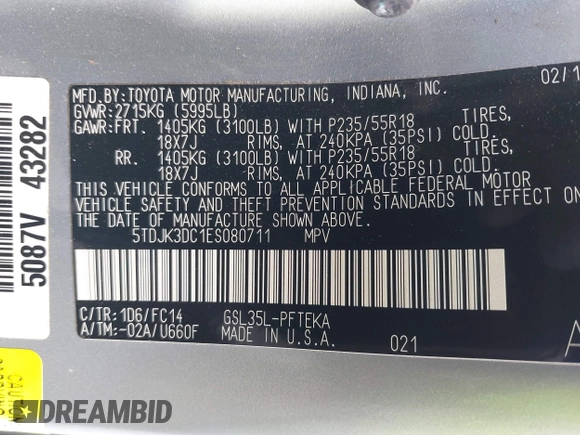 2014 Toyota Sienna LE with VIN 5TDJK3DC1ES080711, listed as a IAAI auction lot 41910679 with 118,788 mi miles and . Bid and sale history available at DreamBid. Image 9.