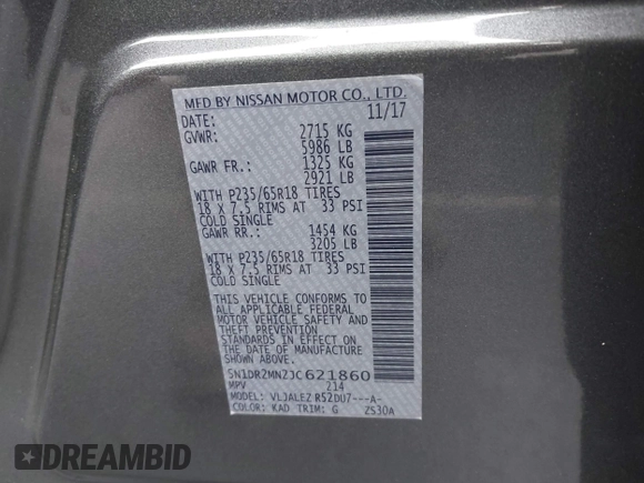 2018 Nissan Pathfinder S z VIN 5N1DR2MN2JC621860, wystawiony jako IAAI lot #42192719 z przebiegiem 52 762 mil mil oraz . Historia ofert i sprzedaży dostępna na DreamBid. Obrazek 9.