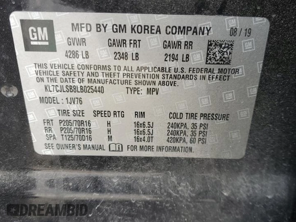 2020 Chevrolet Trax LT with VIN KL7CJLSB8LB025440, listed as a Copart auction lot 46864515 with 74,883 mi miles and Salvage title. Bid and sale history available at DreamBid. Image 14.