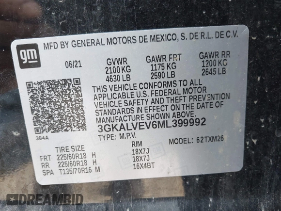 2021 GMC Terrain SLT with VIN 3GKALVEV6ML399992, listed as a IAAI auction lot 42295073 with 75,378 mi miles and . Bid and sale history available at DreamBid. Image 9.