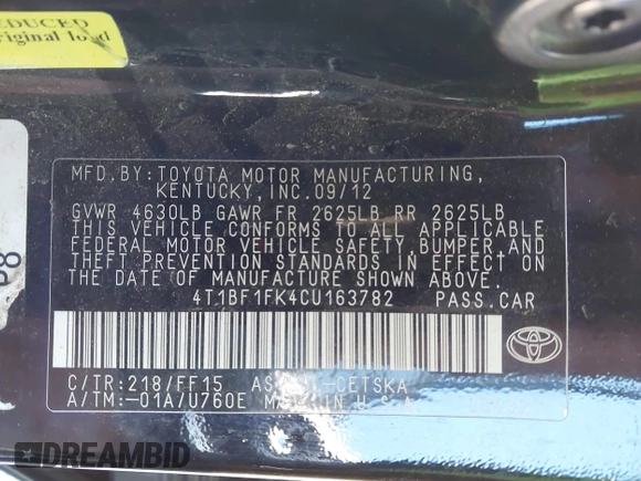 2012 Toyota Camry L with VIN 4T1BF1FK4CU163782, listed as a IAAI auction lot 41248108 with 155,328 mi miles and . Bid and sale history available at DreamBid. Image 9.