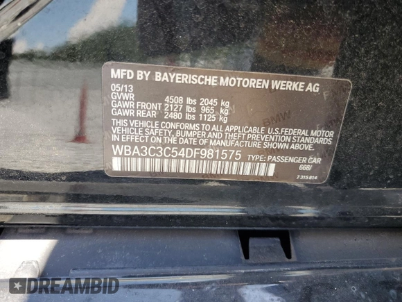 2013 BMW 3 Series 320i xDrive with VIN WBA3C3C54DF981575, listed as a Copart auction lot 65572755 with 130,468 mi miles and Clean title. Bid and sale history available at DreamBid. Image 12.