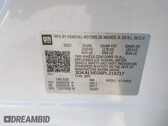 2023 GMC Terrain SLT with VIN 3GKALVEG6PL218217, listed as a IAAI auction lot 41917652 with 2,462 mi miles and . Bid and sale history available at carsss.com. Image 9.