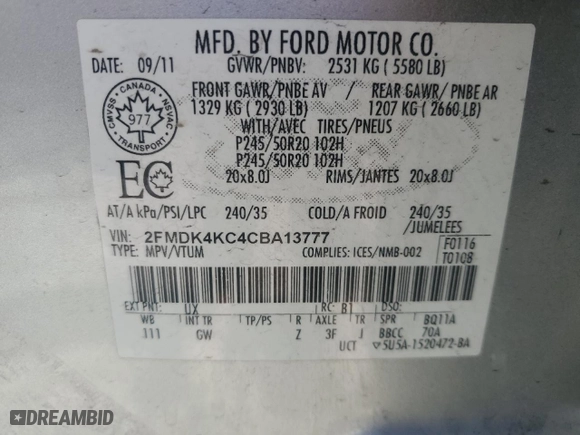 2012 Ford Edge Limited with VIN 2FMDK4KC4CBA13777, listed as a Copart auction lot 47182065 with NaN miles and Salvage Title. Bid and sale history available at carsss.com. Image 13.