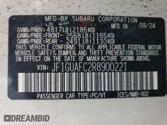 2024 Subaru Impreza Sport with VIN JF1GUAFC2R8900221, listed as a Copart auction lot 44641225 with 0 mi miles and Salvage Title. Bid and sale history available at carsss.com. Image 12.
