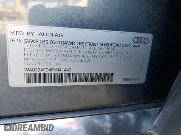 2015 Audi A8 L 4.0T with VIN WAU32AFD4FN041442, listed as a Copart auction lot 43708295 with 132,579 mi miles and Salvage Title. Bid and sale history available at carsss.com. Image 12.
