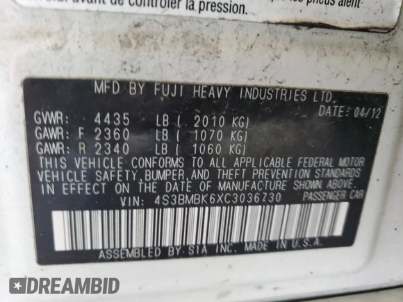 2012 Subaru Legacy Limited z VIN 4S3BMBK6XC3036730, wystawiony jako Copart lot #49418205 z przebiegiem Nie podano mil oraz Szkoda całkowita • Salvage title. Historia ofert i sprzedaży dostępna na DreamBid. Obrazek 12.