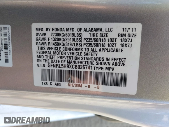 2012 Honda Odyssey Touring with VIN 5FNRL5H9XCB026741, listed as a IAAI auction lot 42808245 with 293,422 mi miles and . Bid and sale history available at DreamBid. Image 9.