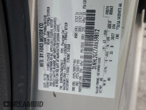 2010 Lincoln MKZ with VIN 3LNHL2GC7AR659812, listed as a Copart auction lot 58635455 with 140,931 mi miles and Salvage title. Bid and sale history available at DreamBid. Image 12.