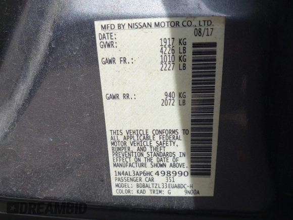 2017 Nissan Altima SV z VIN 1N4AL3AP6HC498990, wystawiony jako IAAI lot #42095268 z przebiegiem 105 253 mil mil oraz . Historia ofert i sprzedaży dostępna na DreamBid. Obrazek 9.