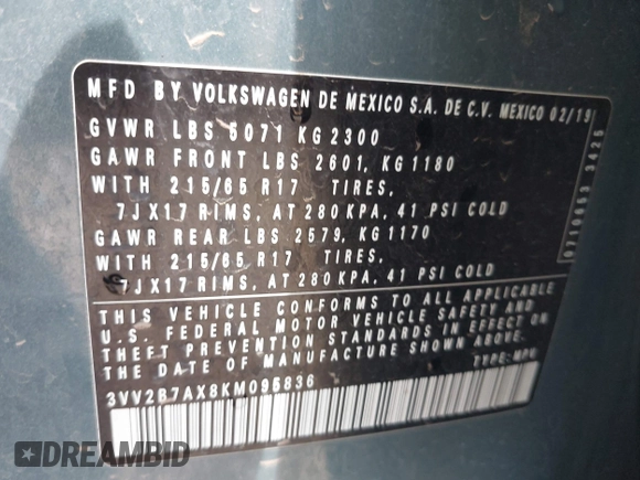 2019 Volkswagen Tiguan SE с VIN 3VV2B7AX8KM095836, выставлен на аукционе IAAI как лот 42417608 с пробегом 112 220 миль миль и . История ставок и продаж доступна на DreamBid. Изображение 9.