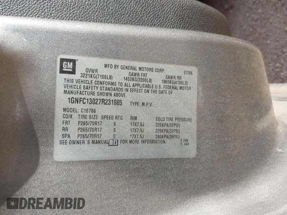 2007 Chevrolet Tahoe LS z VIN 1GNFC13027R231885, wystawiony jako IAAI lot #42750247 z przebiegiem 167 072 mil mil oraz . Historia ofert i sprzedaży dostępna na DreamBid. Obrazek 9.