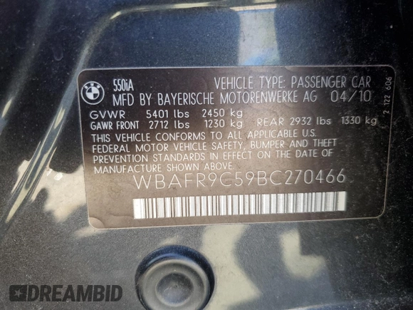 2011 BMW 5 Series 550i z VIN WBAFR9C59BC270466, wystawiony jako Copart lot #49462435 z przebiegiem 160 825 mil mil oraz Szkoda całkowita • Salvage title. Historia ofert i sprzedaży dostępna na DreamBid. Obrazek 12.