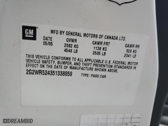 2005 Pontiac Grand Prix GTP with VIN 2G2WR524351338859, listed as a Copart auction lot 71636624 with 173674 miles and Salvage Title. Bid and sale history available at carsss.com. Image 13.