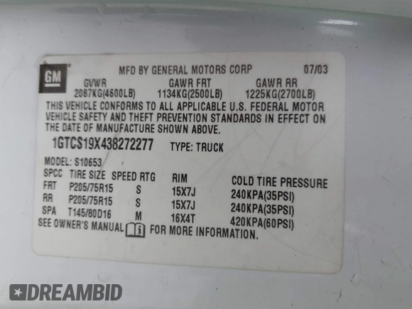 2003 GMC Sonoma SLS z VIN 1GTCS19X438272277, wystawiony jako IAAI lot #41554041 z przebiegiem 168 682 mil mil oraz . Historia ofert i sprzedaży dostępna na DreamBid. Obrazek 9.