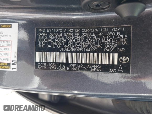 2011 Toyota Corolla L with VIN JTDBU4EE4B9144190, listed as a IAAI auction lot 42060728 with 115,299 mi miles. Bid and sale history available at carsss.com. Image 9.