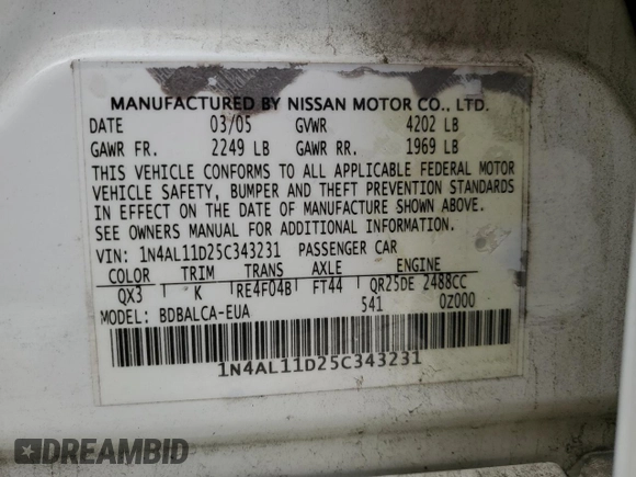 2005 Nissan Altima 2.5 with VIN 1N4AL11D25C343231, listed as a Copart auction lot 45897415 with 162,646 mi miles and Clean Title. Bid and sale history available at carsss.com. Image 12.