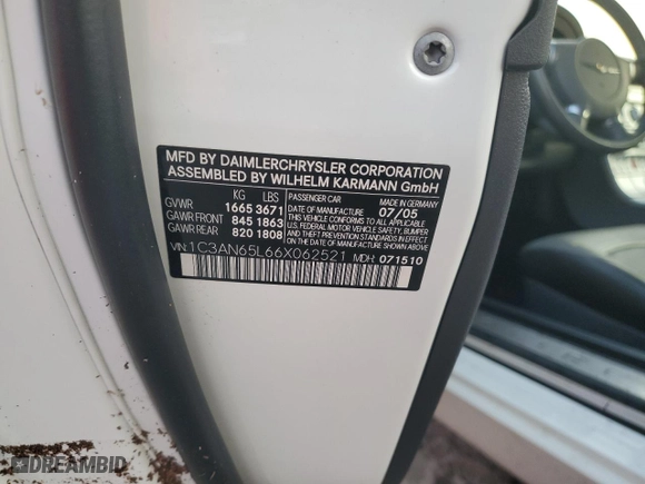 2006 Chrysler Crossfire Limited with VIN 1C3AN65L66X062521, listed as a Copart auction lot 76630344 with 0 miles and Salvage Title. Bid and sale history available at carsss.com. Image 13.