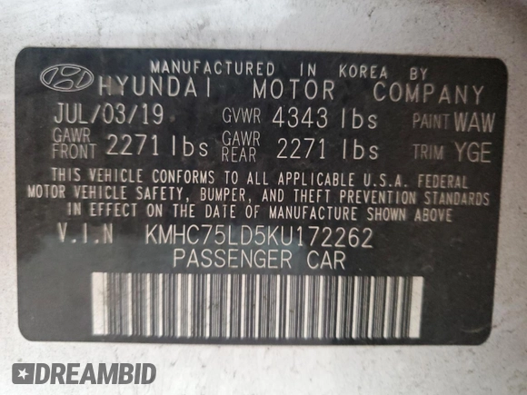 2019 Hyundai Ioniq Limited with VIN KMHC75LD5KU172262, listed as a Copart auction lot 81106074 with 119,184 mi miles and Salvage Title. Bid and sale history available at DreamBid. Image 13.