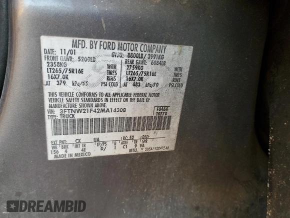 2002 Ford F-250 XL with VIN 3FTNW21F42MA14308, listed as a Copart auction lot 48522435 with 459,947 mi miles and Salvage title. Bid and sale history available at DreamBid. Image 14.