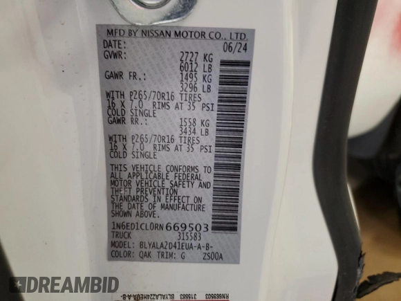 2024 Nissan Frontier S с VIN 1N6ED1CL0RN669503, выставлен на аукционе Copart как лот 55204865 с пробегом 6 832 миль миль и Чистый • Clean title. История ставок и продаж доступна на DreamBid. Изображение 13.