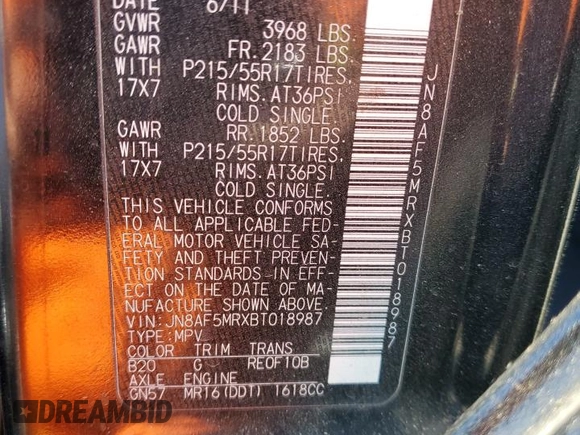 2011 Nissan Juke SV with VIN JN8AF5MRXBT018987, listed as a Copart auction lot 55324515 with 108,040 mi miles and Clean Title. Bid and sale history available at carsss.com. Image 12.