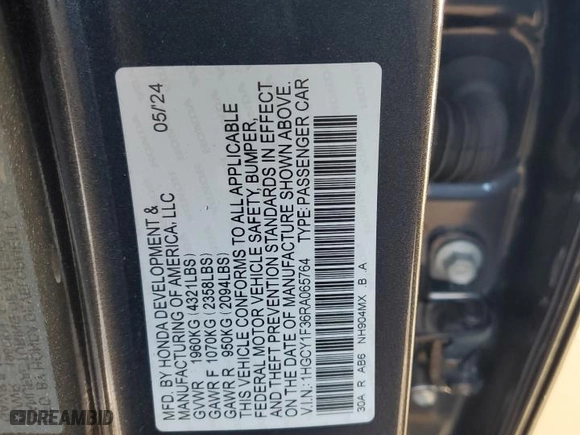 2024 Honda Accord Sedan EX with VIN 1HGCY1F36RA065764, listed as a Copart auction lot 44770475 with 11,251 mi miles and Salvage Title. Bid and sale history available at carsss.com. Image 12.