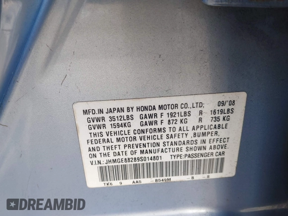 2009 Honda Fit with VIN JHMGE88289S014801, listed as a IAAI auction lot 38499131 with 140,660 mi miles and . Bid and sale history available at DreamBid. Image 9.