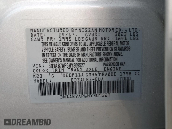 2017 Nissan Sentra S with VIN 3N1AB7AP6HY309527, listed as a Copart auction lot 54578715 with 52,341 mi miles and Salvage Title. Bid and sale history available at DreamBid. Image 12.
