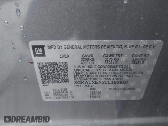 2020 GMC Terrain Denali with VIN 3GKALXEX3LL183920, listed as a IAAI auction lot 42329419 with 122,475 mi miles and . Bid and sale history available at DreamBid. Image 9.