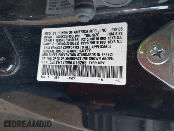 2005 Honda Element LX with VIN 5J6YH17395L013265, listed as a IAAI auction lot 41505602 with 135,515 mi miles and . Bid and sale history available at DreamBid. Image 9.